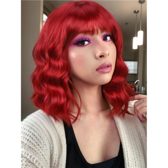Other - Red Wavy Bob Wig Short Wavy Wig with Bangs